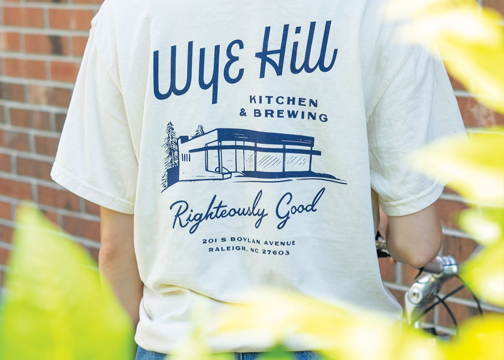 Screen printed tee shirt for Wye Hill Kitchen and Brewing
